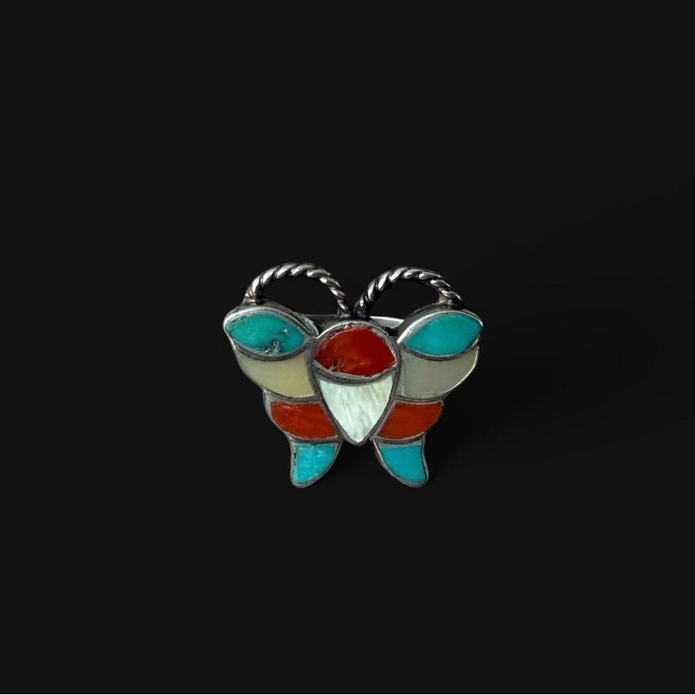 Vintage Native MadeTurquoise and Coral Inlay Butterfly Ring - Women Jewelry